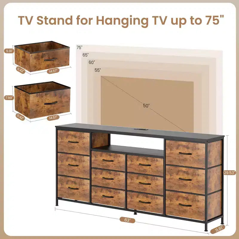 Commode en tissu à 12 tiroirs, commode étroite avec station de charge, lumières LED et cadre en métal, organisateur de rangement de vêtements moderne