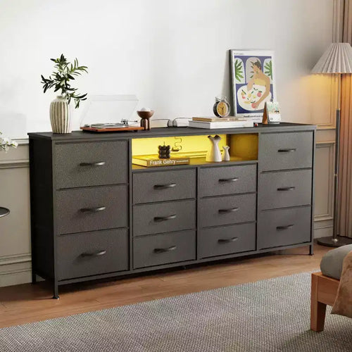 GustoWave 12-Drawer Fabric Dresser, Skinny Chest of Drawers with Charging Station, Led Lights & Metal Frame, Modern Cloth Storage Organizer