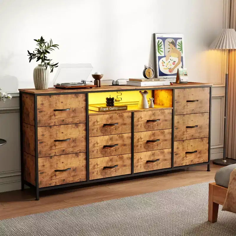 Commode en tissu à 12 tiroirs, commode étroite avec station de charge, lumières LED et cadre en métal, organisateur de rangement de vêtements moderne