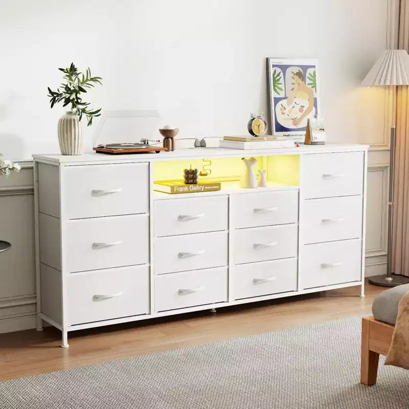 Commode en tissu à 12 tiroirs, commode étroite avec station de charge, lumières LED et cadre en métal, organisateur de rangement de vêtements moderne