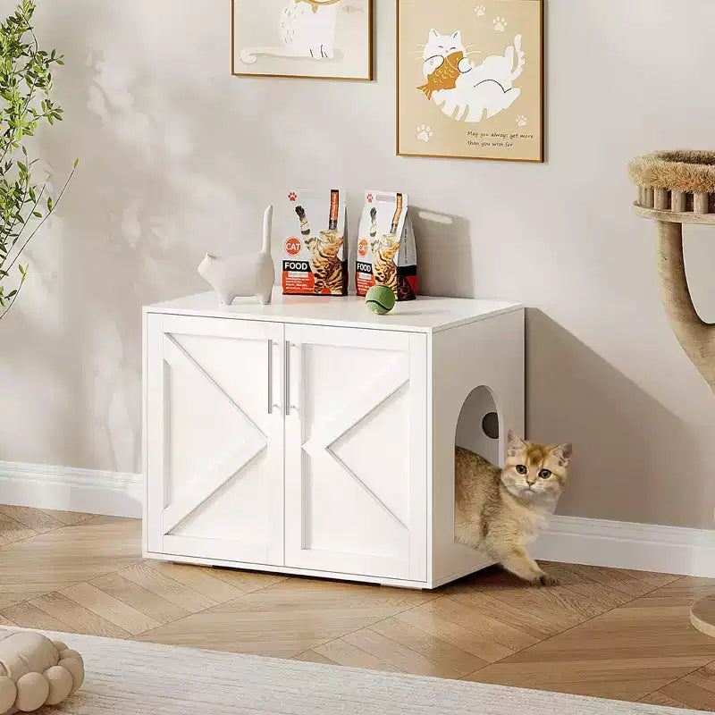 Meuble Cache Litière pour Chat, Meuble Cache-Litière avec 2 Portes et Coussins, Meuble en Bois pour Litière pour Chat (1 Pièce)