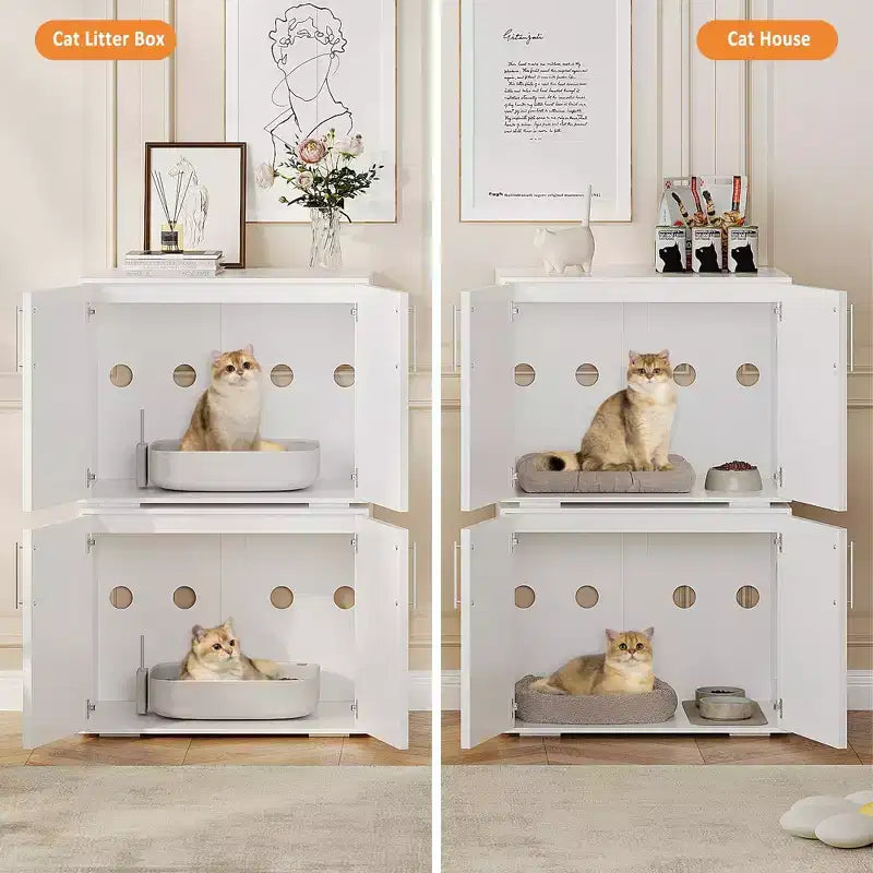Meuble Cache Litière pour Chat, Meuble Cache-Litière avec 2 Portes et Coussins, Meuble en Bois pour Litière pour Chat (1 Pièce)