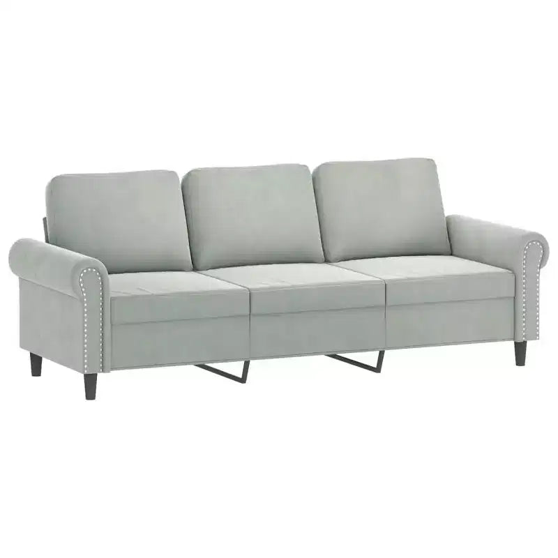 Canapé 3 places en velours gris clair - Détente confortable avec cadre robuste et coussins décoratifs pour le salon et les espaces de repos