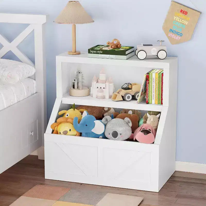 Étagère à livres et rangement de jouets pour enfants, organisateur à 2 niveaux avec meuble bas, bibliothèque pour tout-petits pour chambre à coucher, salle de jeux, salle de classe, blanc vintage