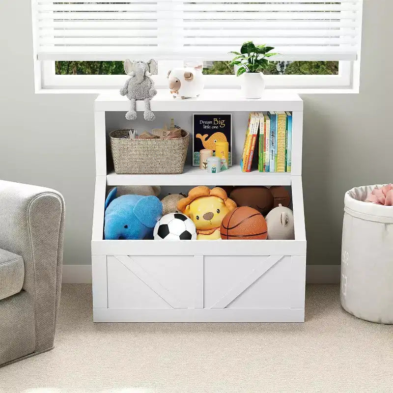 Étagère à livres et rangement de jouets pour enfants, organisateur à 2 niveaux avec meuble bas, bibliothèque pour tout-petits pour chambre à coucher, salle de jeux, salle de classe, blanc vintage