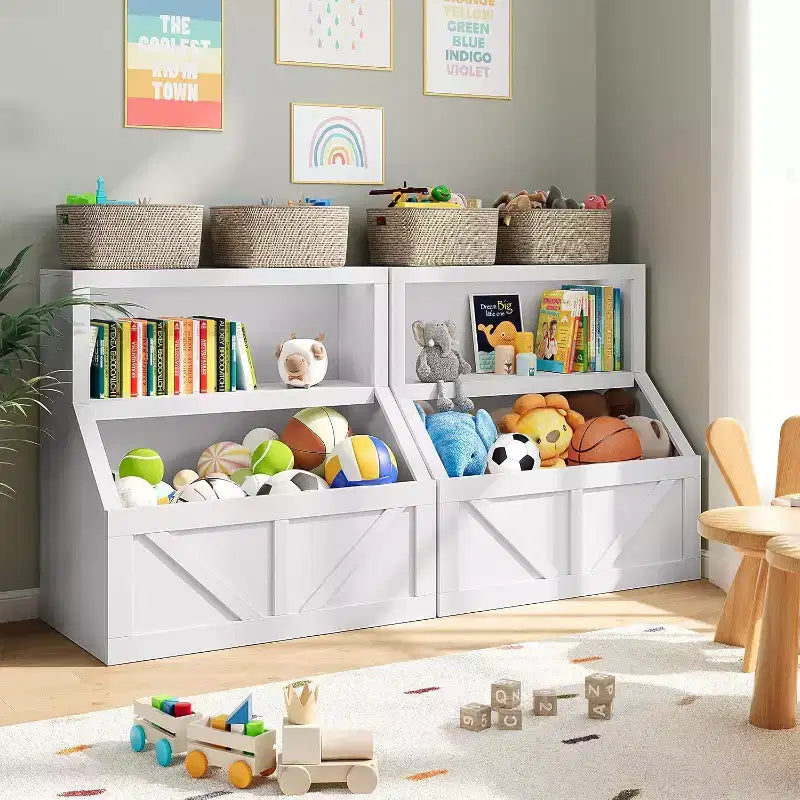 Étagère à livres et rangement de jouets pour enfants, organisateur à 2 niveaux avec meuble bas, bibliothèque pour tout-petits pour chambre à coucher, salle de jeux, salle de classe, blanc vintage