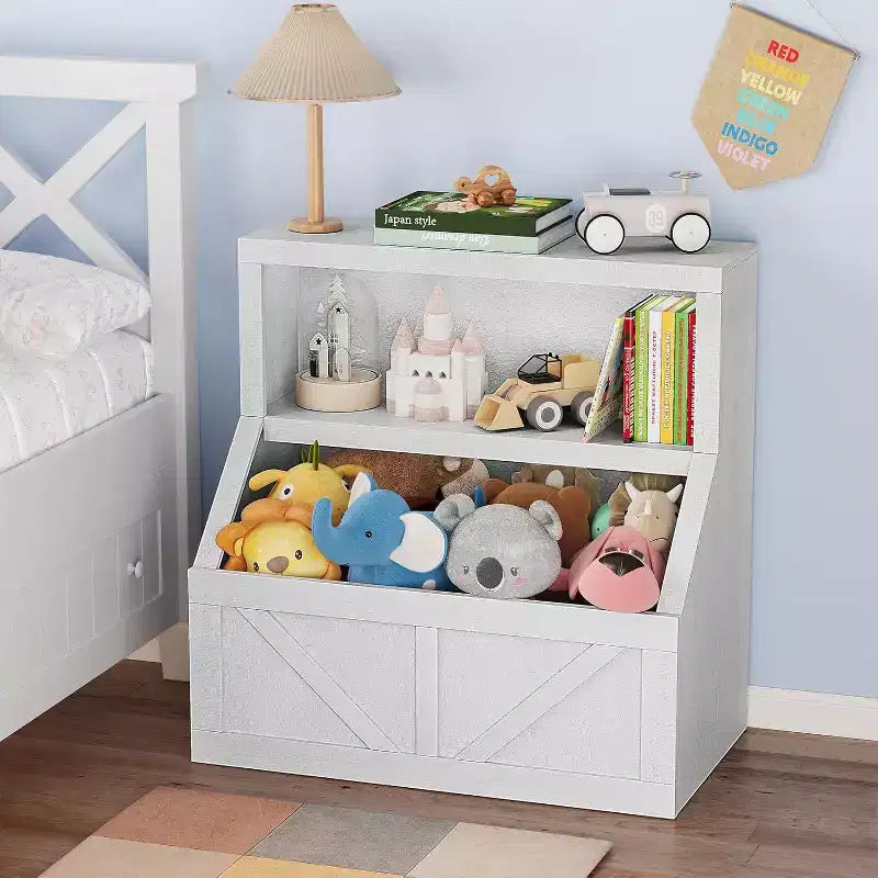 Étagère à livres et rangement de jouets pour enfants, organisateur à 2 niveaux avec meuble bas, bibliothèque pour tout-petits pour chambre à coucher, salle de jeux, salle de classe, blanc vintage