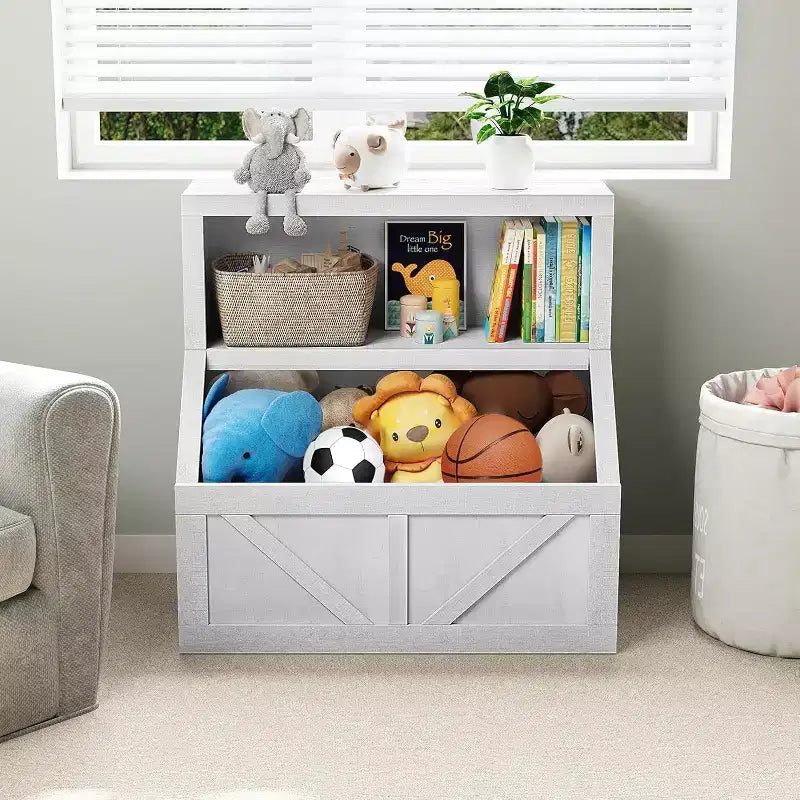 Étagère à livres et rangement de jouets pour enfants, organisateur à 2 niveaux avec meuble bas, bibliothèque pour tout-petits pour chambre à coucher, salle de jeux, salle de classe, blanc vintage