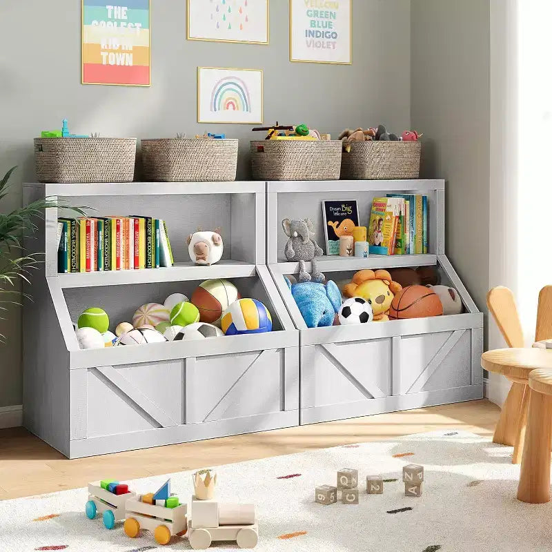 Étagère à livres et rangement de jouets pour enfants, organisateur à 2 niveaux avec meuble bas, bibliothèque pour tout-petits pour chambre à coucher, salle de jeux, salle de classe, blanc vintage