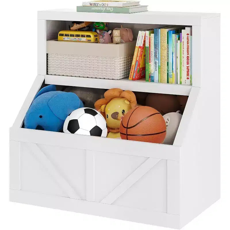 Étagère à livres et rangement de jouets pour enfants, organisateur à 2 niveaux avec meuble bas, bibliothèque pour tout-petits pour chambre à coucher, salle de jeux, salle de classe, blanc vintage