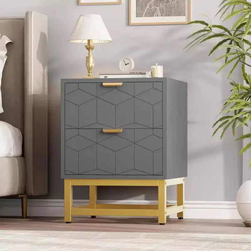 Table de chevet à 2 tiroirs, table d'appoint moderne avec pieds en métal doré, rangement pour chambre à coucher, couloir ou entrée