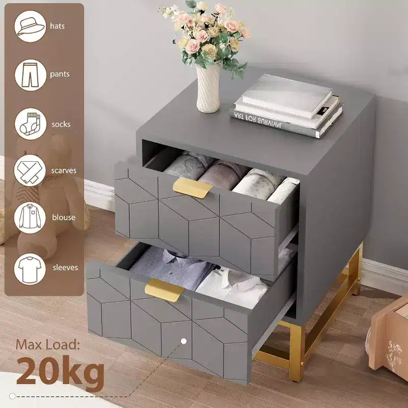 Table de chevet à 2 tiroirs, table d'appoint moderne avec pieds en métal doré, rangement pour chambre à coucher, couloir ou entrée