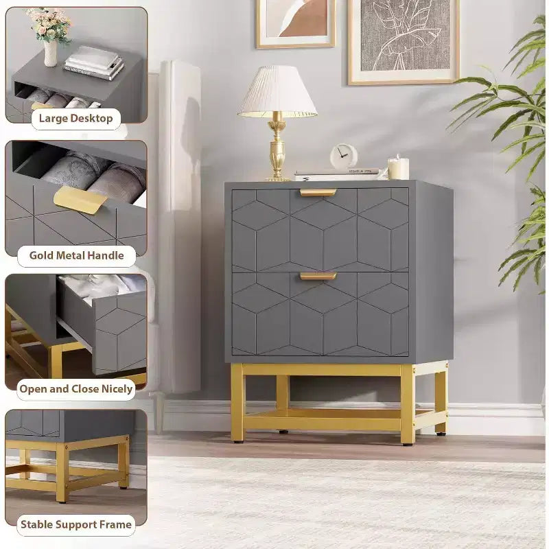 Table de chevet à 2 tiroirs, table d'appoint moderne avec pieds en métal doré, rangement pour chambre à coucher, couloir ou entrée