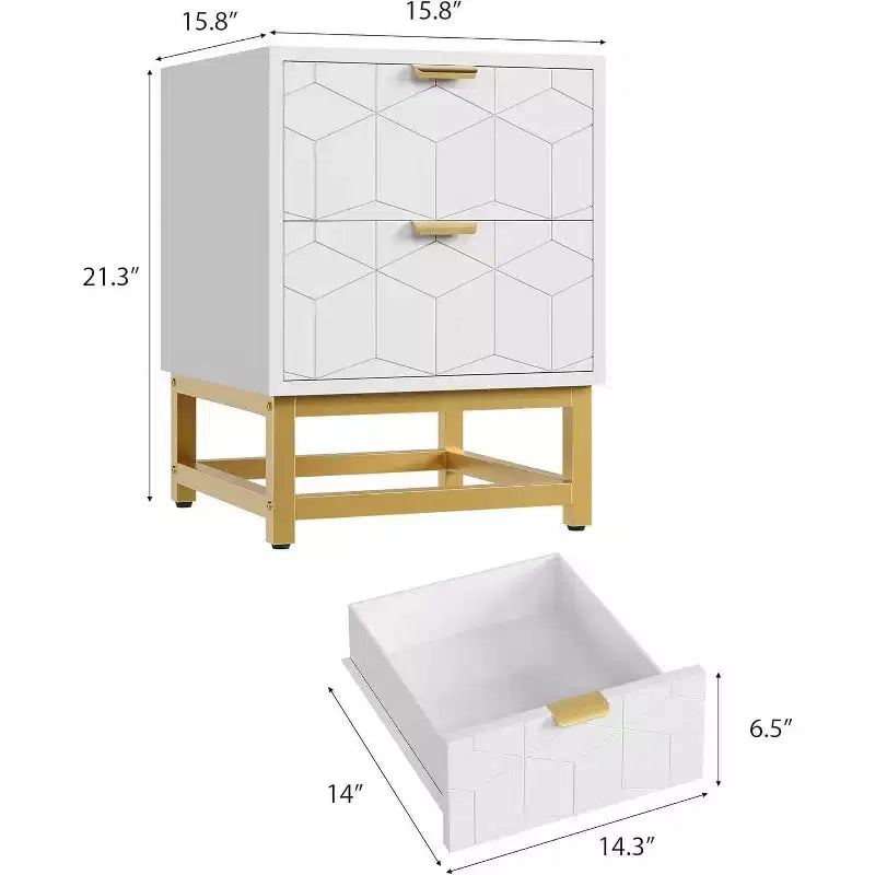 Table de chevet à 2 tiroirs, table d'appoint moderne avec pieds en métal doré, rangement pour chambre à coucher, couloir ou entrée