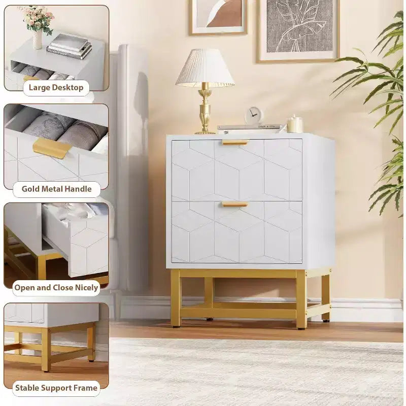 Table de chevet à 2 tiroirs, table d'appoint moderne avec pieds en métal doré, rangement pour chambre à coucher, couloir ou entrée