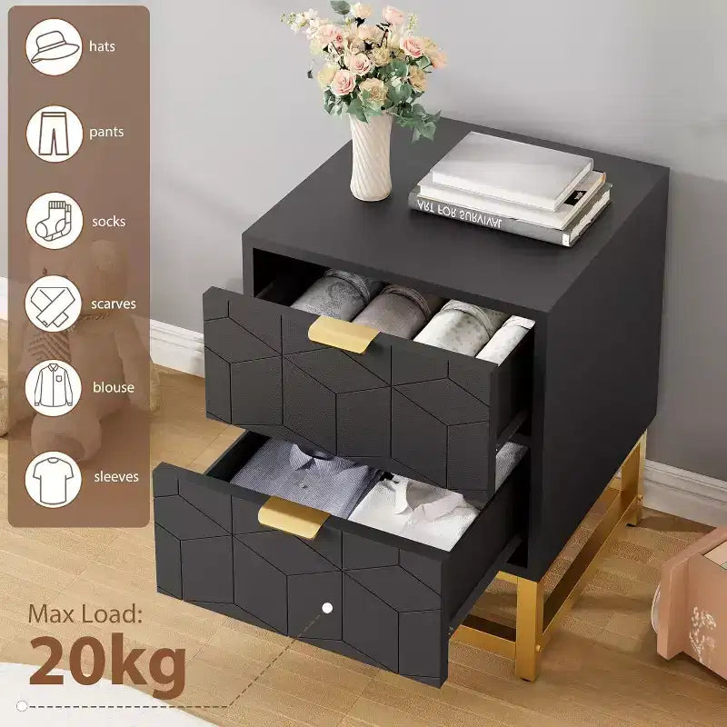 Table de chevet à 2 tiroirs, table d'appoint moderne avec pieds en métal doré, rangement pour chambre à coucher, couloir ou entrée