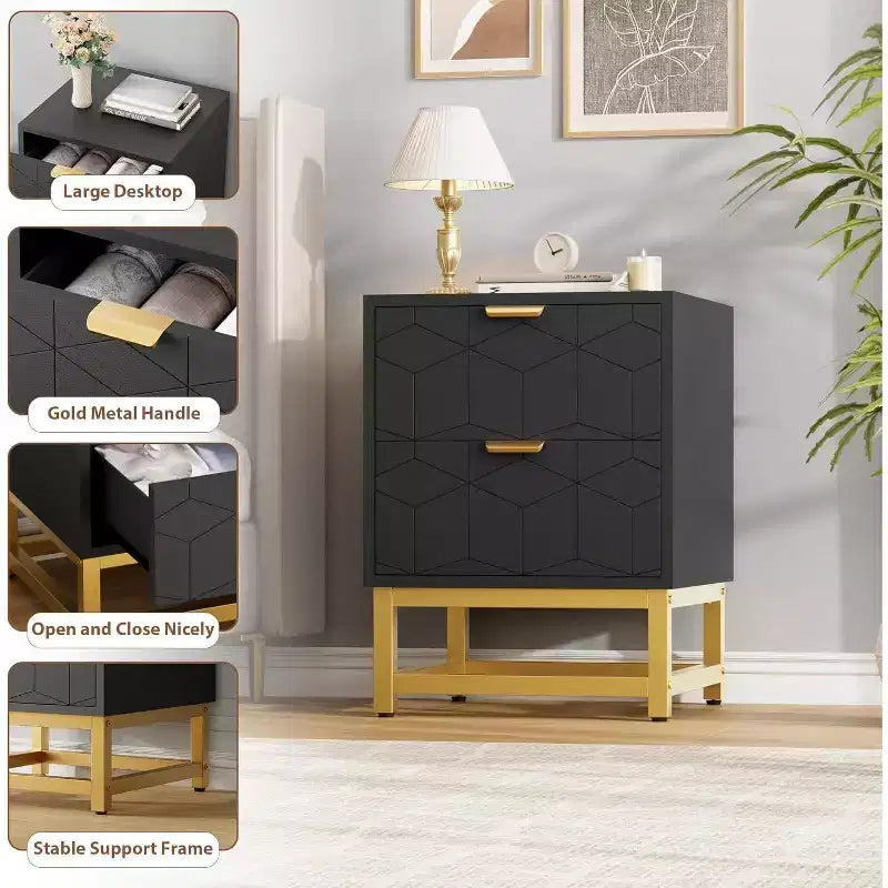Table de chevet à 2 tiroirs, table d'appoint moderne avec pieds en métal doré, rangement pour chambre à coucher, couloir ou entrée