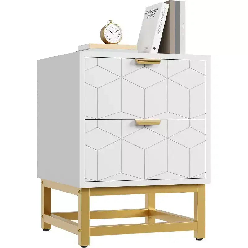 Table de chevet à 2 tiroirs, table d'appoint moderne avec pieds en métal doré, rangement pour chambre à coucher, couloir ou entrée