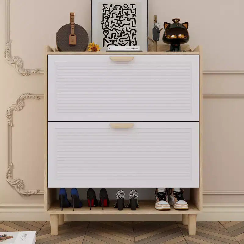 Meuble à chaussures de style nordique avec 2 tiroirs basculants, organisateur sur pied avec pieds en bois massif pour entrée, blanc et bois massif.