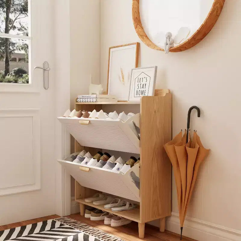 Meuble à chaussures de style nordique avec 2 tiroirs basculants, organisateur sur pied avec pieds en bois massif pour entrée, blanc et bois massif.