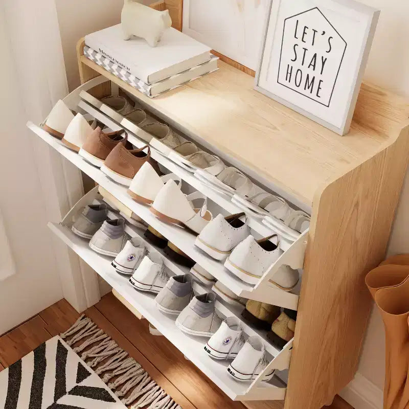 Meuble à chaussures de style nordique avec 2 tiroirs basculants, organisateur sur pied avec pieds en bois massif pour entrée, blanc et bois massif.