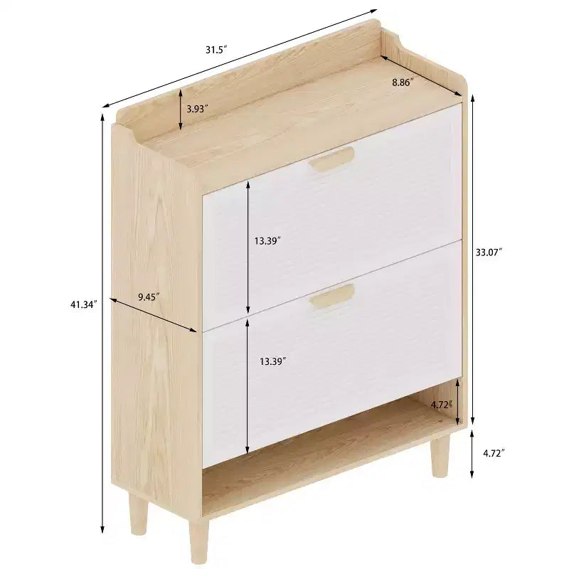 Meuble à chaussures de style nordique avec 2 tiroirs basculants, organisateur sur pied avec pieds en bois massif pour entrée, blanc et bois massif.