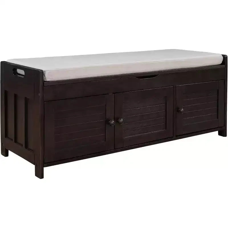 Banc de rangement à chaussures lavable avec coussin amovible, 3 portes à persiennes, pieds en bois robustes, rangement supérieur caché pour entrée et chambre.