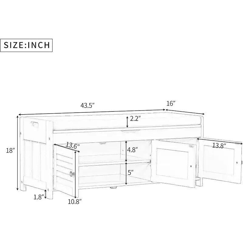 Banc de rangement à chaussures lavable avec coussin amovible, 3 portes à persiennes, pieds en bois robustes, rangement supérieur caché pour entrée et chambre.