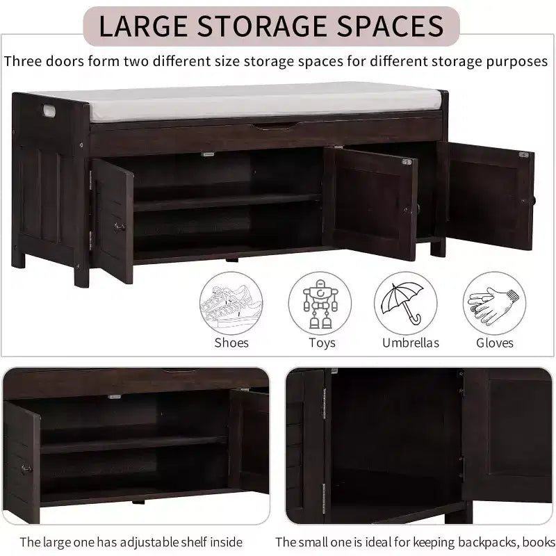 Banc de rangement à chaussures lavable avec coussin amovible, 3 portes à persiennes, pieds en bois robustes, rangement supérieur caché pour entrée et chambre.