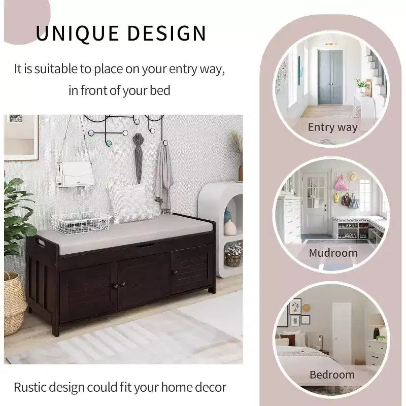 Banc de rangement à chaussures lavable avec coussin amovible, 3 portes à persiennes, pieds en bois robustes, rangement supérieur caché pour entrée et chambre.