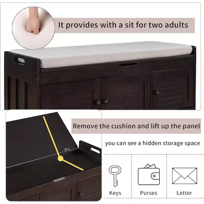 Banc de rangement à chaussures lavable avec coussin amovible, 3 portes à persiennes, pieds en bois robustes, rangement supérieur caché pour entrée et chambre.