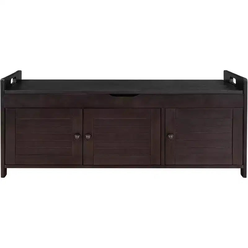 Banc de rangement à chaussures lavable avec coussin amovible, 3 portes à persiennes, pieds en bois robustes, rangement supérieur caché pour entrée et chambre.