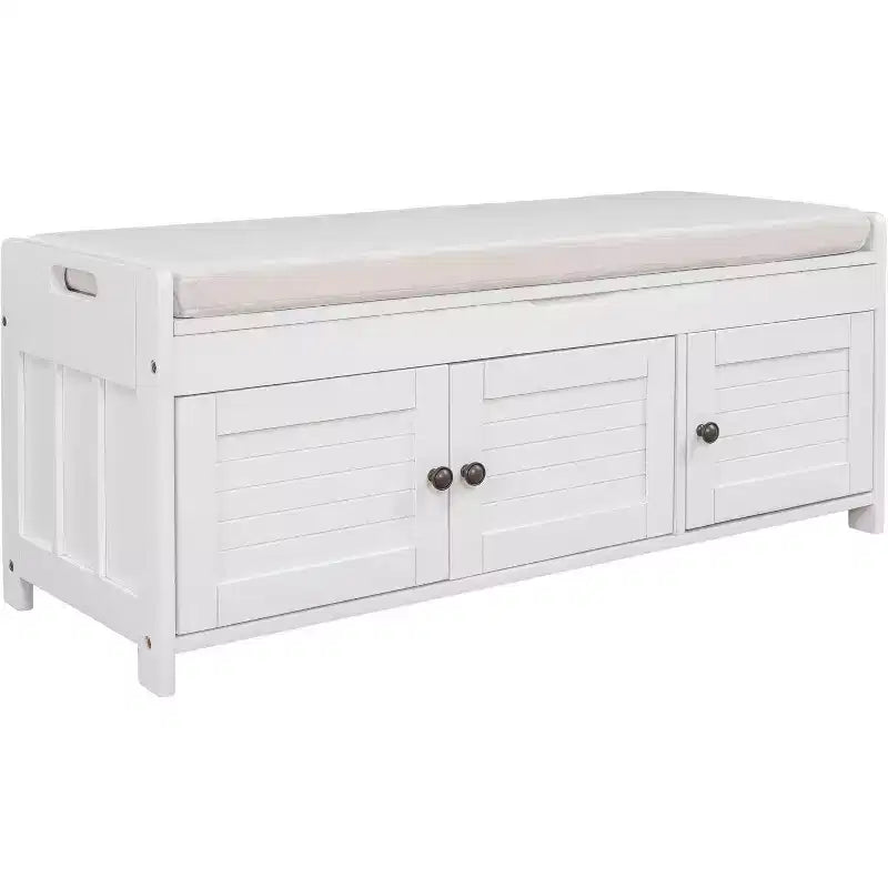 Banc de rangement à chaussures lavable avec coussin amovible, 3 portes à persiennes, pieds en bois robustes, rangement supérieur caché pour entrée et chambre.