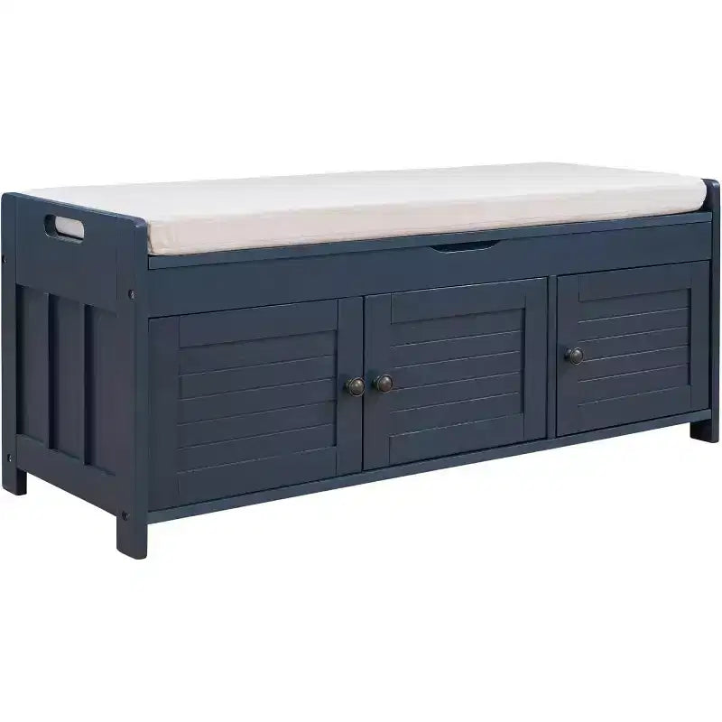 Banc de rangement à chaussures lavable avec coussin amovible, 3 portes à persiennes, pieds en bois robustes, rangement supérieur caché pour entrée et chambre.