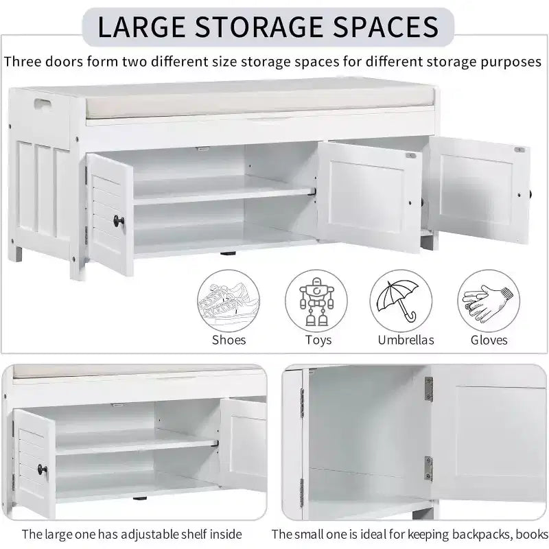 Banc de rangement à chaussures lavable avec coussin amovible, 3 portes à persiennes, pieds en bois robustes, rangement supérieur caché pour entrée et chambre.