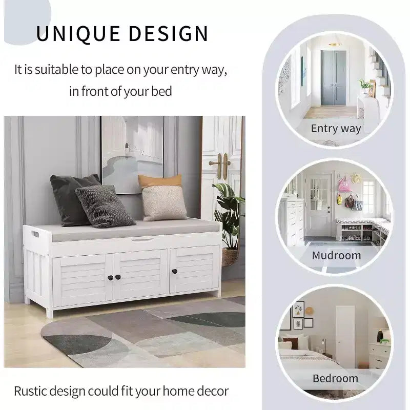 Banc de rangement à chaussures lavable avec coussin amovible, 3 portes à persiennes, pieds en bois robustes, rangement supérieur caché pour entrée et chambre.