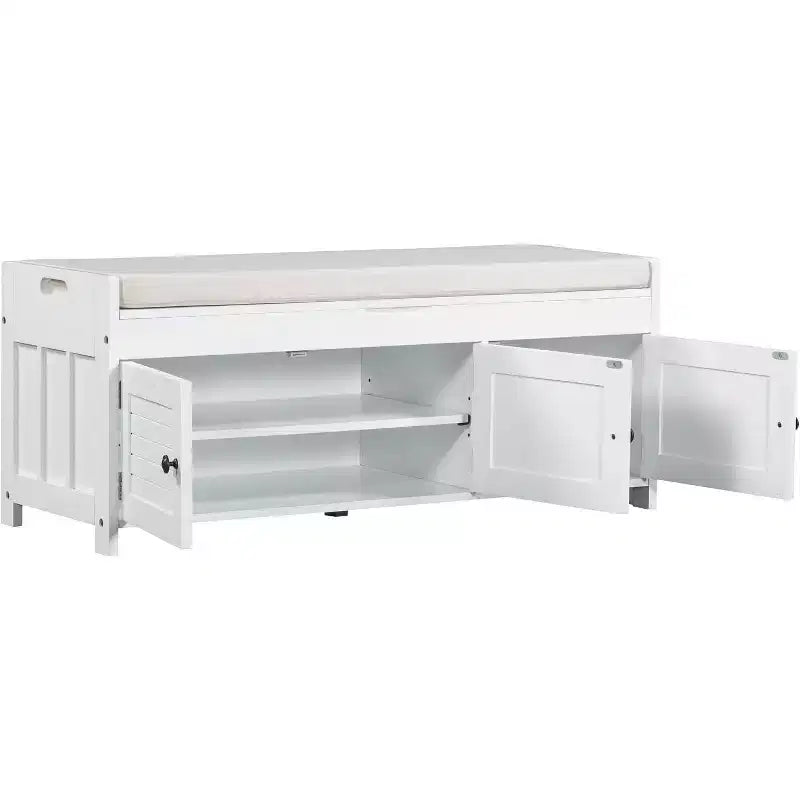 Banc de rangement à chaussures lavable avec coussin amovible, 3 portes à persiennes, pieds en bois robustes, rangement supérieur caché pour entrée et chambre.