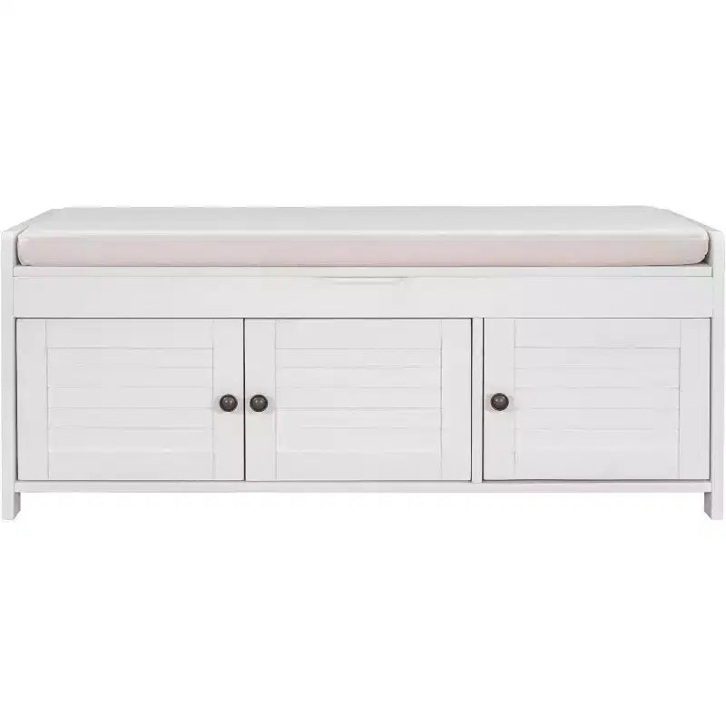 Banc de rangement à chaussures lavable avec coussin amovible, 3 portes à persiennes, pieds en bois robustes, rangement supérieur caché pour entrée et chambre.