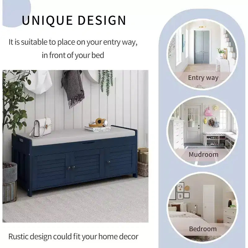 Banc de rangement à chaussures lavable avec coussin amovible, 3 portes à persiennes, pieds en bois robustes, rangement supérieur caché pour entrée et chambre.