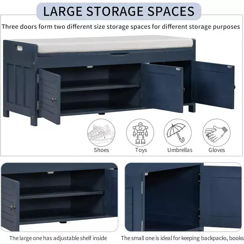 Banc de rangement à chaussures lavable avec coussin amovible, 3 portes à persiennes, pieds en bois robustes, rangement supérieur caché pour entrée et chambre.
