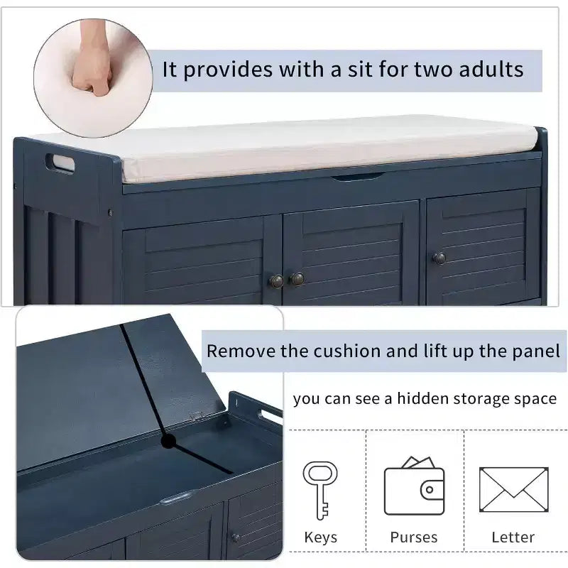 Banc de rangement à chaussures lavable avec coussin amovible, 3 portes à persiennes, pieds en bois robustes, rangement supérieur caché pour entrée et chambre.