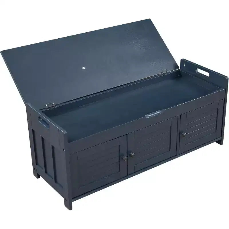 Banc de rangement à chaussures lavable avec coussin amovible, 3 portes à persiennes, pieds en bois robustes, rangement supérieur caché pour entrée et chambre.