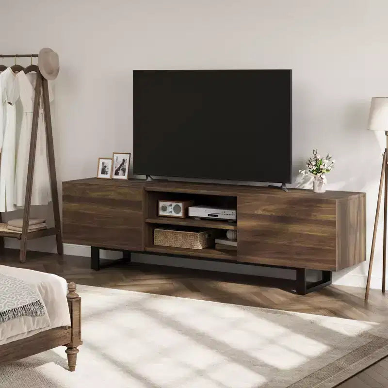Meuble TV industriel pour 80 pouces, meuble de divertissement moderne avec 2 tiroirs, meuble multimédia en bois