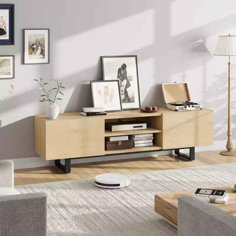 Meuble TV industriel pour 80 pouces, meuble de divertissement moderne avec 2 tiroirs, meuble multimédia en bois