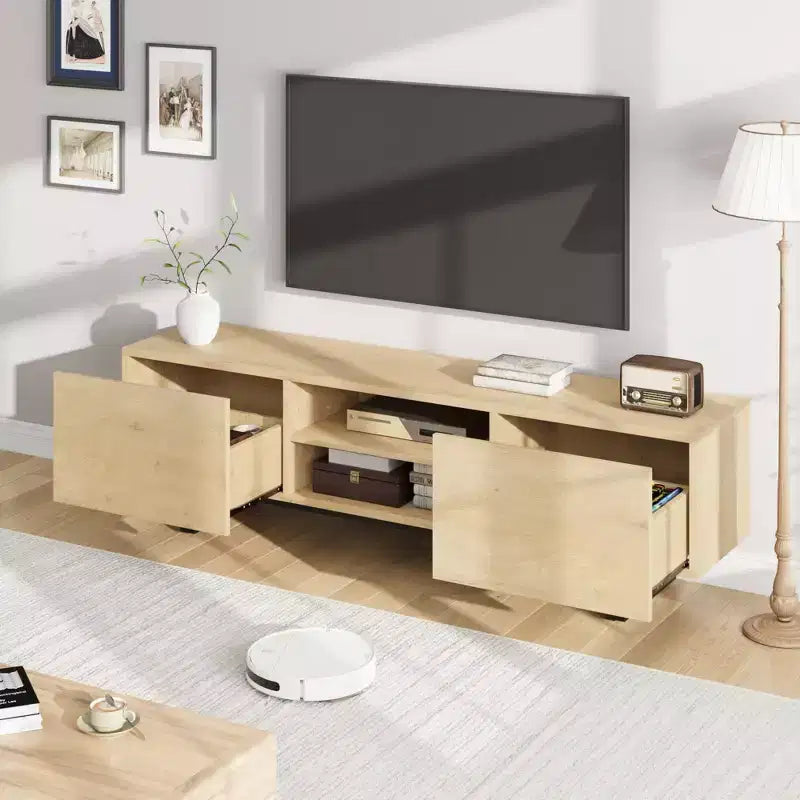 Meuble TV industriel pour 80 pouces, meuble de divertissement moderne avec 2 tiroirs, meuble multimédia en bois