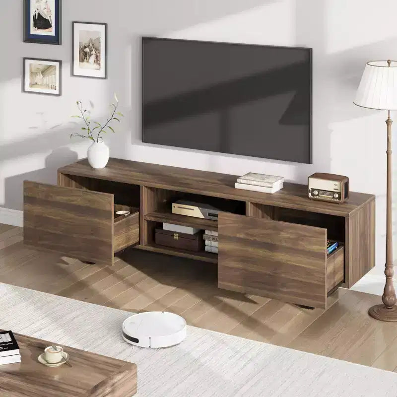 Meuble TV industriel pour 80 pouces, meuble de divertissement moderne avec 2 tiroirs, meuble multimédia en bois