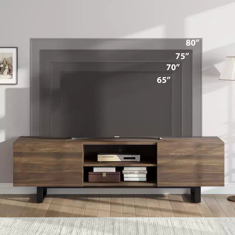 Meuble TV industriel pour 80 pouces, meuble de divertissement moderne avec 2 tiroirs, meuble multimédia en bois