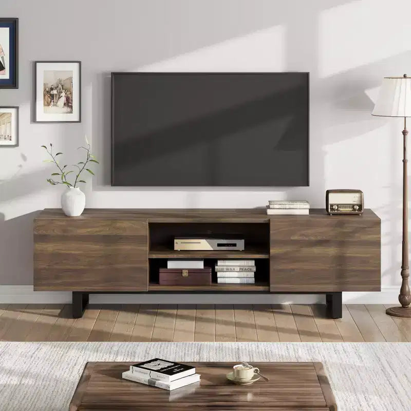 Meuble TV industriel pour 80 pouces, meuble de divertissement moderne avec 2 tiroirs, meuble multimédia en bois