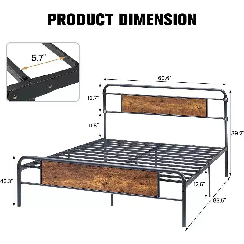 Cadre de lit plateforme Queen Size, Tête de lit en bois rustique vintage, Lattes métalliques robustes, Sommier, Pas besoin de sommier tapissier