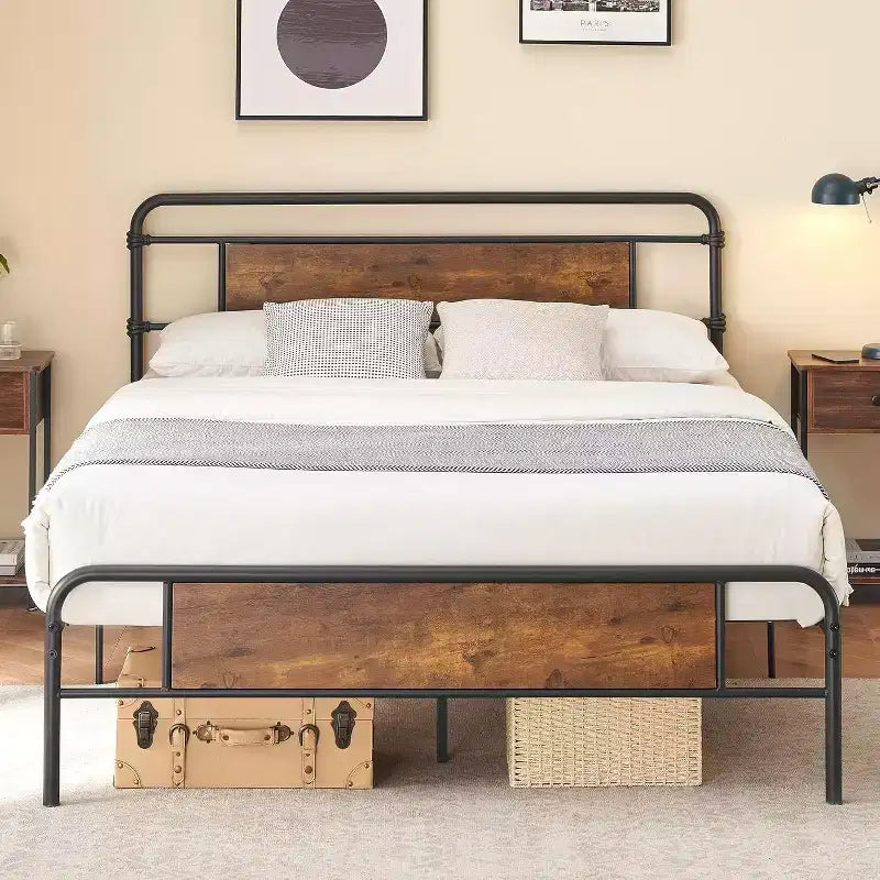 Cadre de lit plateforme Queen Size, Tête de lit en bois rustique vintage, Lattes métalliques robustes, Sommier, Pas besoin de sommier tapissier